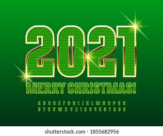 Vector premium greeting card Merry Christmas 2021! Textured Green and Gold Font. Rich style Alphabet Letters and Numbers set