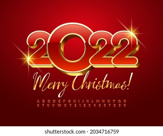 Vector premium Greeting Card Merry Christmas 2022! Red and Gold 3D Font. Stylish Alphabet Letters and Numbers set