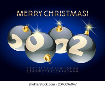 Vector premium Greeting Card Merry Christmas 2022 with Decorative Balls. Golden Alphabet Letters and Numbers set. Shiny elegant Font