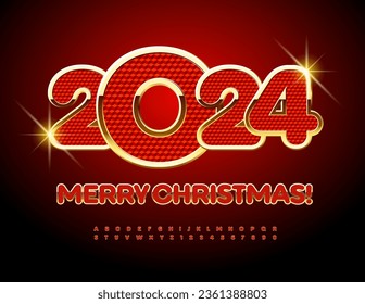 Vector premium greeting card Merry Christmas 2024! Red and Gold chic Font. Luxury set of Alphabet Letters and Numbers