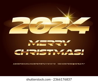 Vector premium Greeting Card Merry Christmas 2024! Unique Alphabet Letters, Numbers and Symbols set. Futuristic Gold Font