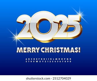 Vector premium Grußkarte Frohe Weihnachten 2025! Elite Weiß und Gold Schriftart. Luxus-Set von Alphabet Buchstaben und Zahlen