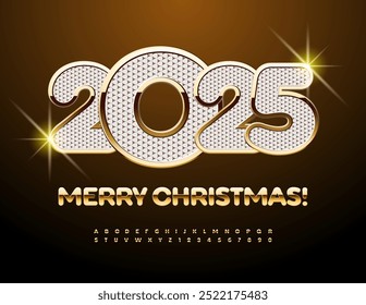Vector premium Greeting Card Merry Christmas 2025! Luxury White and Golden Font. Chic Alphabet Letters and Numbers set