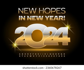 Vector premium greeting card New Hopes in New Year 2024! Gold metallic Font. Elite set of Alphabet Letters and Numbers