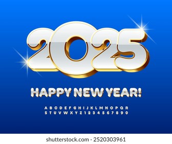 Vector premium Greeting Happy New Year 2025! White and Gold Glossy Font. Elegant 3D Alphabet Letters and Numbers set.