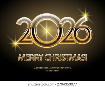 Vetor Premium Saudação Feliz Natal 2025! Fonte Luxo Única. Letras e Números de Alfabeto Elite Chic definidos.