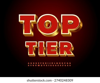 Vector Premium icon Top Tier. Elite Red and Golden 3D Font. Quality Exclusive Alphabet Letters and Numbers set.