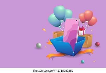 Vector Premium Illustration a gift box opens with a smartphone inside