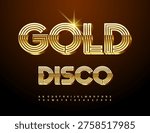 Vector Premium invitation Gold Disco. Unique Fashion Font. Trendy Chic 3D Alphabet Letters and Numbers set.