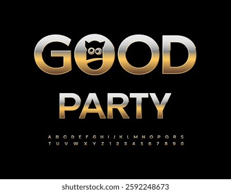 Vector Premium invitation Good Party with Funny Emblem. Fashion Gold Font. Chic set of Elegant Alphabet Letters and Numbers
