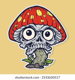 vector premium l Mushroom skull cartoon funny drawing color line art