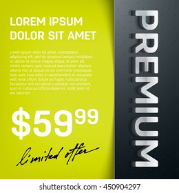 Vector premium layered promo banner with realistic shadow. Dotted leather texture on the sidebar. 3d stainless steel typography. Flyer design template. Web advertisement.