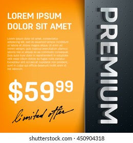 Vector premium layered promo banner with realistic shadow. Dotted leather texture on the sidebar. 3d stainless steel typography. Flyer design template. Web advertisement.