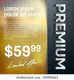 Vector premium layered promo banner with realistic shadow. Dotted leather texture on the sidebar. 3d stainless steel typography. Flyer design template. Web advertisement.