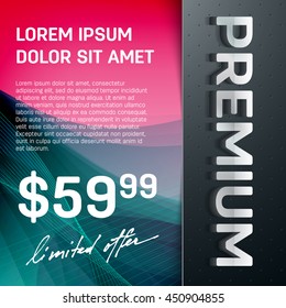 Vector premium layered promo banner with realistic shadow. Dotted leather texture on the sidebar. 3d stainless steel typography. Flyer design template. Web advertisement.