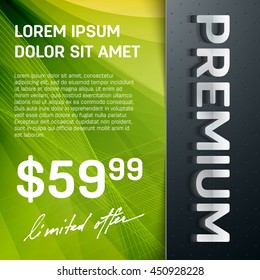 Vector premium layered promo banner with realistic shadow. Dotted leather texture on the sidebar. 3d stainless steel typography. Flyer design template. Web advertisement.