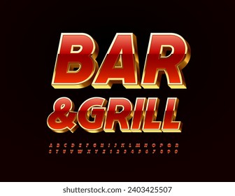 Vector Premium Logo Bar and Grill. Red and Gold Chic Font. Luxury 3D Alphabet Letters and Numbers set.