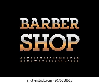 Logotipo de la Barber Shop de la marca Vector Premium. Fuente clásica metálica. Letras y números de alfabeto dorado