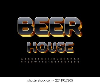 Logotipo del Vector premium Beer House. Fuente chic negra y dorada. Conjunto de letras y números de alfabeto artístico
