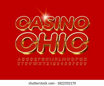 Vector premium logo Casino Chic. 3D Red and Gold Font. Textured elite Alphabet Letters and Numbers set