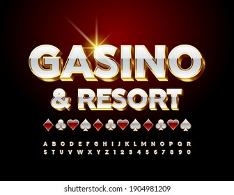 Vector premium logo Casino and Resort with Decorative Elements. White and Gold 3D Font. Luxury Alphabet Letters and Numbers set