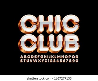 Logo de Vector Premium Chic Club. Fuente 3D blanca y dorada. Letras y números alfabetos elegantes.