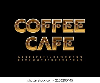 Vector premium logo Coffee Cafe. Unique Gold Font. Glossy Alphabet Letters and Numbers set