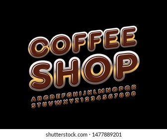 Vector premium logo Coffee Shop. Brown and Gold Uppercase Font. Shiny elite Alphabet Letters and Numbers