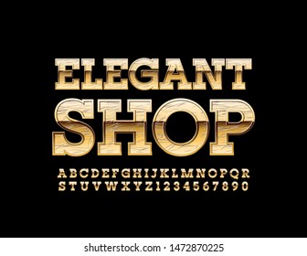 Vektor Premium Logo Elegant Shop. Leuchtende Schrift im Großbuchstaben. Goldene Alphabet-Buchstaben und -Zahlen