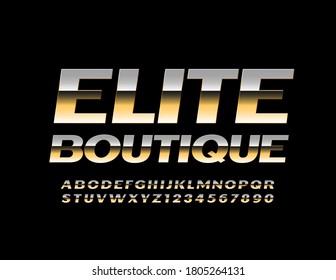 Vector premium logo Elite Boutique. Glossy Gold Font. Elegant modern Alphabet Letters and Numbers set