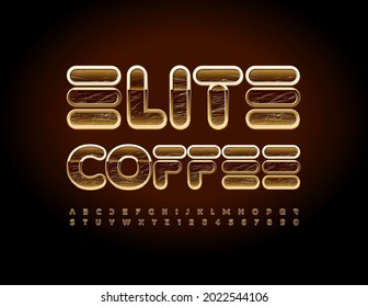 Vektor Premium Logo Elite Kaffee. Alphabet-Buchstaben und -Zahlen mit Bruchkerben setzen. Schriftart im Luxusstil