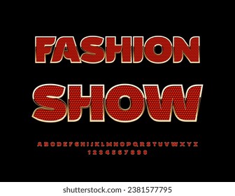 Vector premium logo Fashion Show. Red and Gold stylish Font. Elegant Alphabet Letters and Numbers