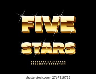 Vector Premium logo Five Stars. Chic Bold Gold 3D Font for Logo Design and Digital Branding. Awesome Alphabet Letters and Numbers set.