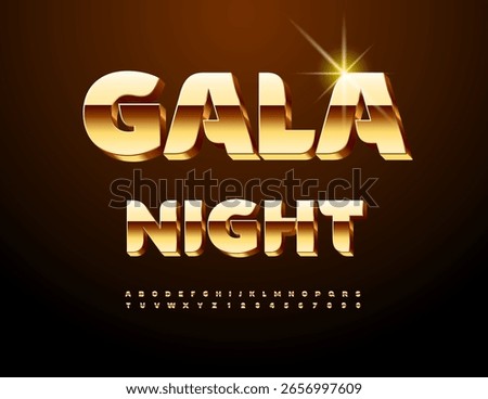 Vector Premium logo Gala Night. Trendy Chic Golden 3D Font. Luxury Cool Alphabet Letters and Numbers set.