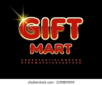Vector premium logo Gift Mart with Gold and Red Alphabet Letters and Numbers set. Glossy elite Font