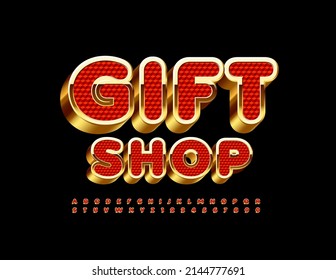 Vector premium logo Gift Shop with 3D Red and Gold Font. Elite Alphabet Letters and Numbers set