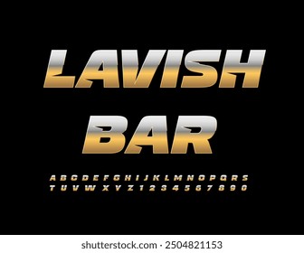 Vector premium logo Lavish Bar with metallic Alphabet Letters and Numbers set. Reflective old Font.