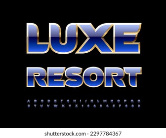 Vector premium logo Luxe Resort. Blue and Gold creative Font. Glossy set of Alphabet Letters and Numbers