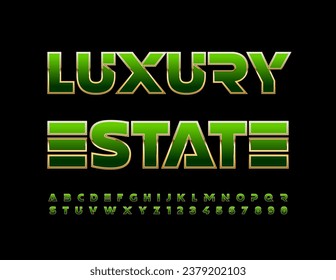 Vector premium logo Luxury Estate. Chic Green and Gold Font. Unique Alphabet Letters and Numbers set.