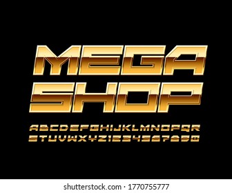 Vector premium logo Mega Shop. Gold techno Font. Creative modern Alphabet Letters and Numbers