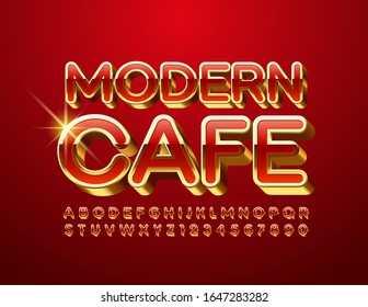 Vector premium logo Modern Cafe. Chic Red and Golden Alphabet Letters and Numbers. Stylish Uppercase Font.