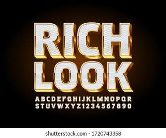 Vector premium logo Rich Look with White and Gold 3D Font. Elegant Alphabet Letters and Numbers