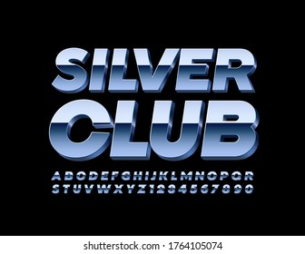 Vector premium logo Silver Club with 3D metallic Font. Chrome Alphabet Letters and Numbers