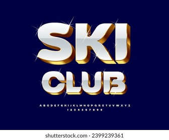 Vector premium logo Ski Club. White and Gold chic Font with sparkling Stars. Stylish 3D Alphabet Letters and Numbers set