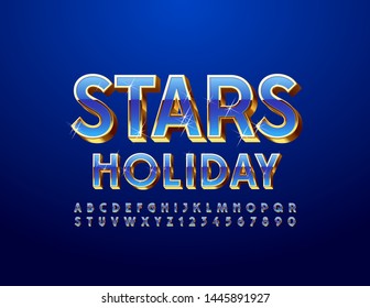 Vector premium logo Stars Holiday with 3D Uppercase Font. Blue and Golden sparkling Alphabet. Letters and Numbers with glitter