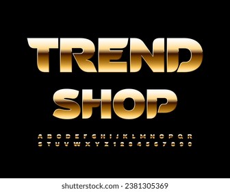Tienda de Trend con el logotipo premium del vector. Fuente dorada. Conjunto elegante de letras y números de alfabeto