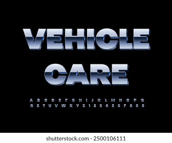Logotipo premium de Vector Cuidado del vehículo. Fuente 3D plateada. Conjunto de letras y números de alfabeto metálico.