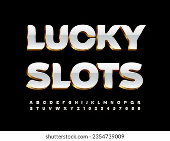 Vector premium logotype Lucky Slots. White and golden chic Font. Luxury Alphabet Letters, Numbers and Symbols.