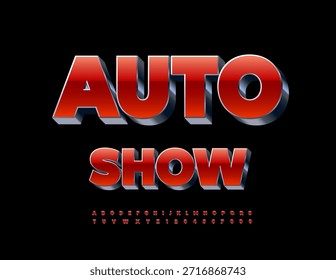 Vector Premium cartel Auto Show. Letras y números de alfabeto rojo y cromado de moda. Fuente 3D de Industrial