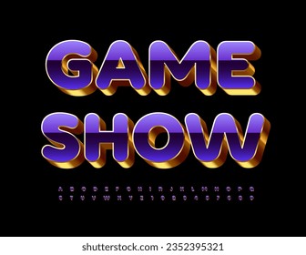 Vector premium  poster Game Show. Violet and Gold 3D Font. Chic style Alphabet Letters and Numbers. 